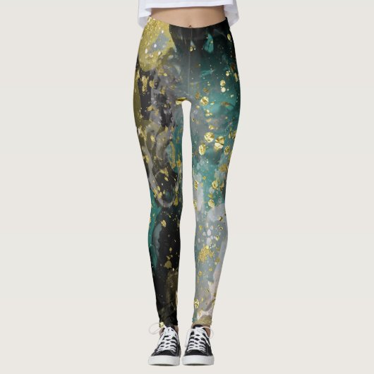 Leggings Black Gold Turquoise Green Grunge Splatt Mode (Devant)