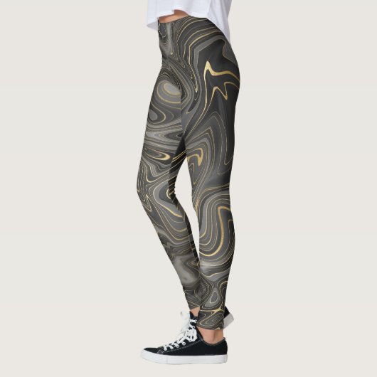 Leggings Black Grey Gold Marbre Swirl Agate Strata Femmes (Gauche)