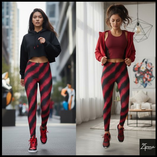 Leggings Black Red Glitch Cyber Diagonal Stripe