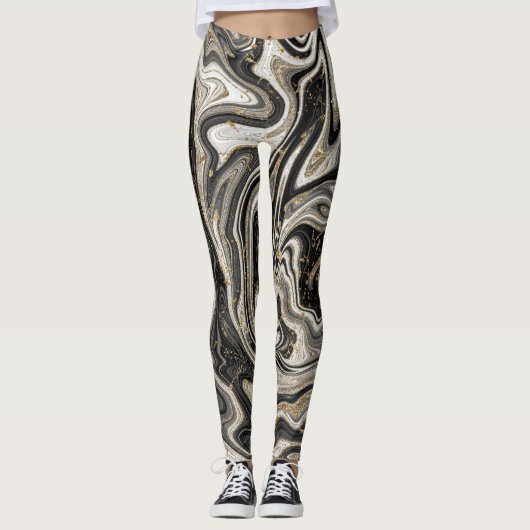 Leggings Black White & Gold Chic Swirl Moderne Abstrait (Devant)