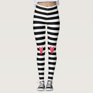Leggings Black White Stripe tendance Coeur rose Valentine