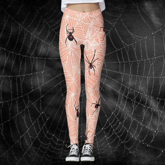 Leggings Black Widow Spider Webs Pastel Peach Costume