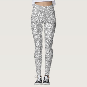 Leggings Blanc avec Motif de dentelle florale gris clair