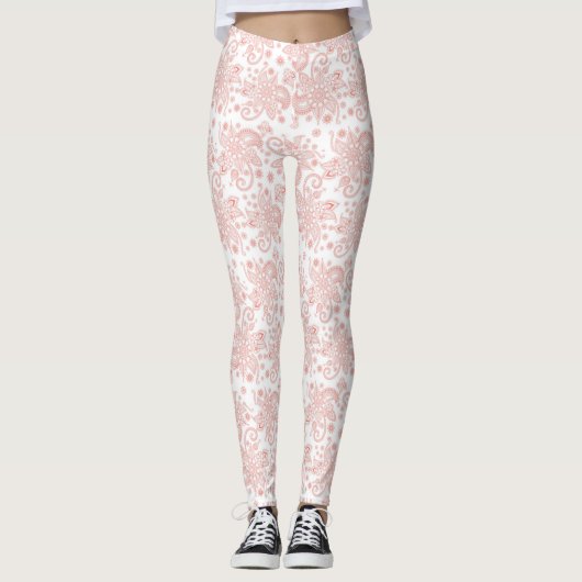 Leggings Blanc avec Motif de dentelle rose (Devant)