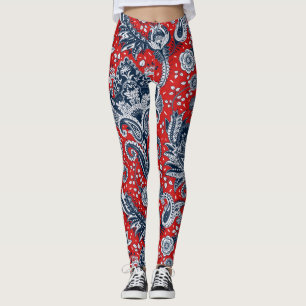 Leggings Blanc rouge et bleu Floral Paisley Bohemian Boho