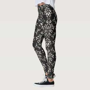Leggings Blanc sur noir Motif de Damas florales