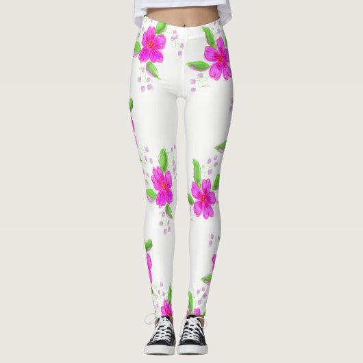 Leggings blancs avec impression de fleurs roses (Devant)