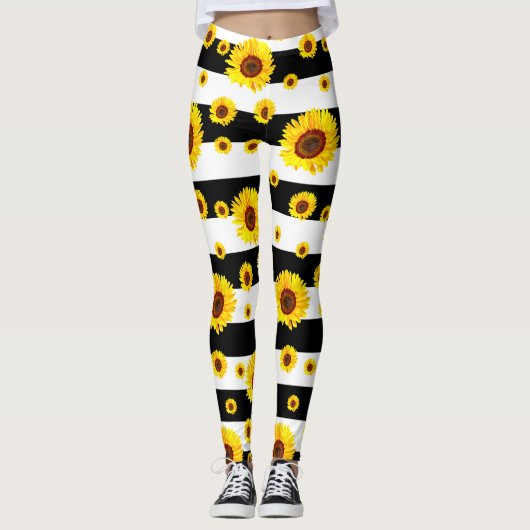 Leggings Blancs Noirs Avec Fleur De Tournesol (Devant)