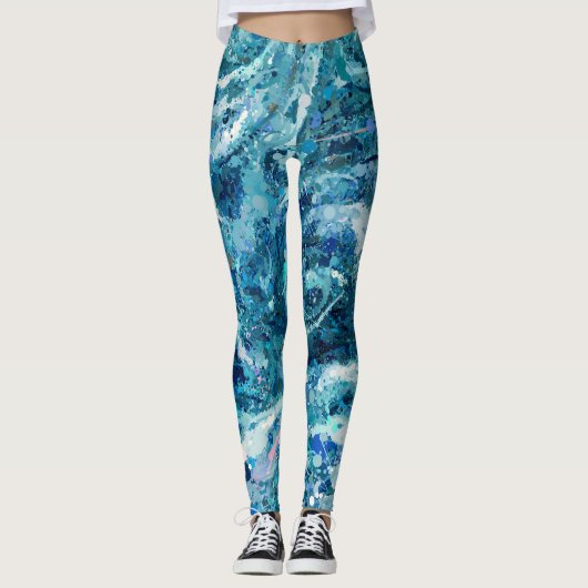 Leggings Bleu Blanc Turquoise Mer vague Splash Abstraction (Devant)