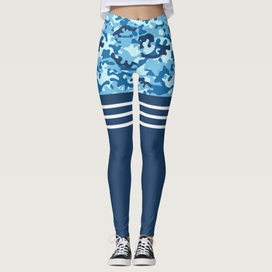 Leggings Bleu camo triple blanche bande haute (Devant)
