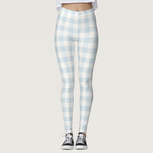 Leggings Bleu Clair Blanc Carreaux Rayures (Devant)