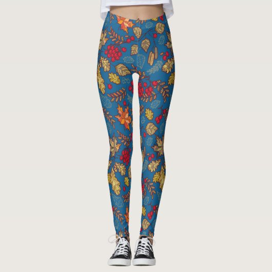 Leggings Bleu de feuillage d'automne (Devant)