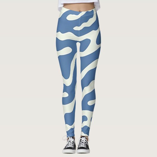 Leggings Bleu et crème Moderne Abstrait Wavy Lines Motif (Devant)