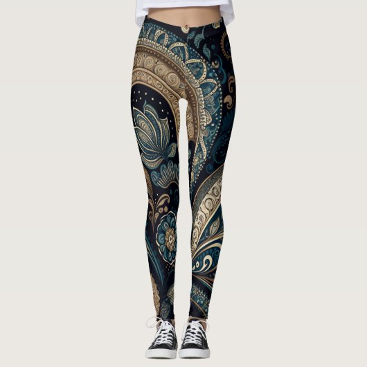 Leggings Bleu foncé Paisley Motif Retro Chic Boho (Devant)