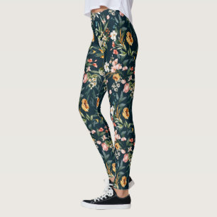 Leggings Bleu foncé Vintage Motif de fleurs de jardin