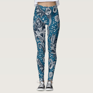 Leggings Bleu marine et blanc floral paisley bohème boho