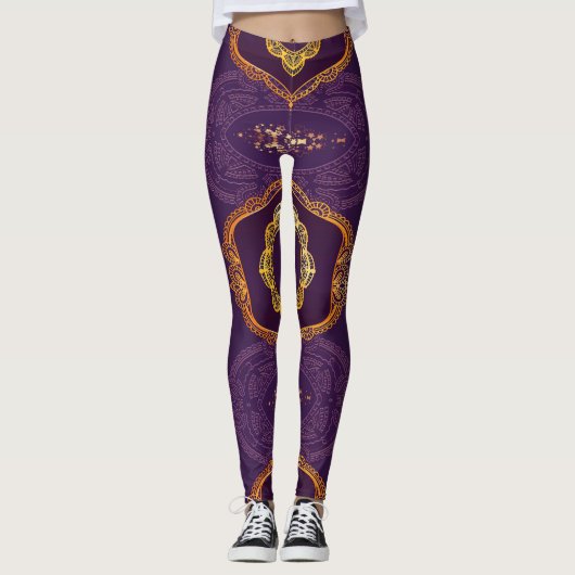 Leggings Bleu marine ou violet avec Mandalas or (Devant)