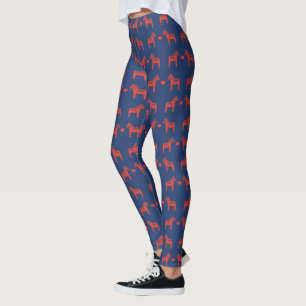Leggings Bleu n Rouge Dala Horse avec Heart Folk Art Motif