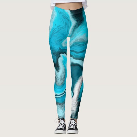 Leggings Bleu, noir et Marbre blanc Fluid Art (Devant)