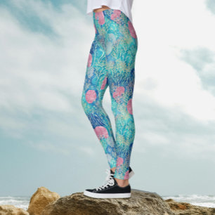 Leggings Bleu Océan Moderne Rose Corail Tropical Aquarelle