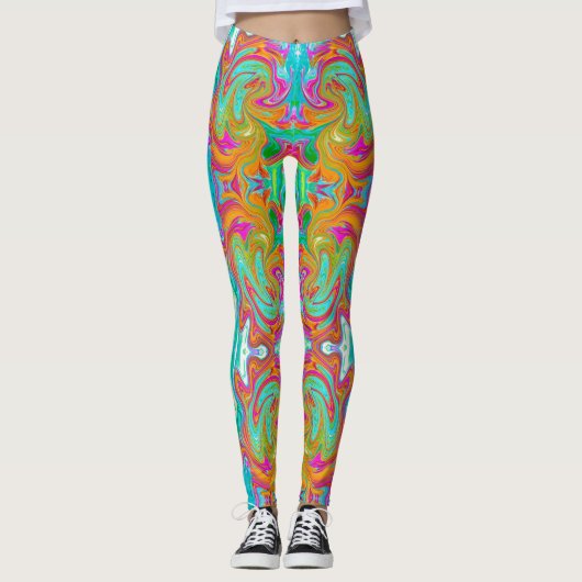 Leggings Bleu, orange et rose chaud Super Abstrait Rétro (Devant)