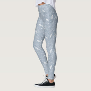 Leggings bleu poussiéreux plumes de bouho fleurs cachemire 