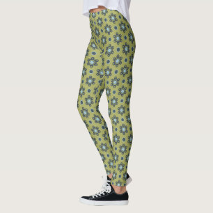 Leggings Bleu rétro et marguerites noires sur motif floral