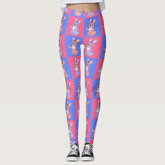 Leggings Bleu rose Kawaii mignet À damiers lapin lapin (Devant)