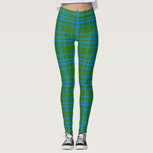 Leggings Bleu Sur Vert Tartan Plaid Design Motif (Devant)