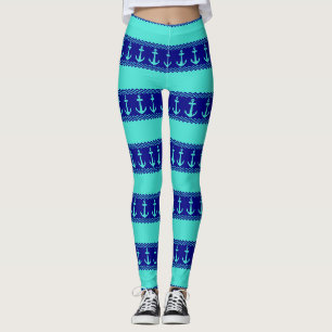 Leggings Bleu Turquoise Bleu Ancre Nautique Bandes Côtières