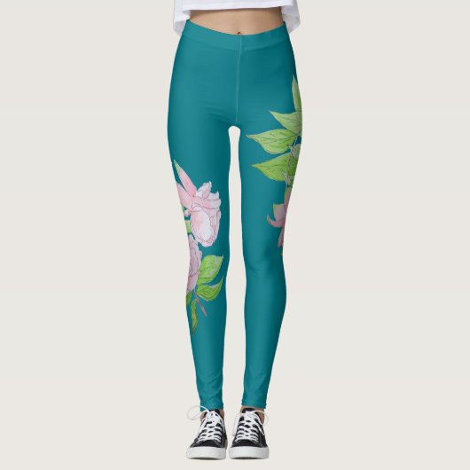 Leggings bleu turquoise et rose audacieux fleur motif flora (Devant)