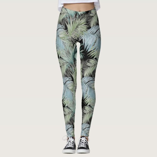 Leggings Bleu Vert Palm Feuilles Noir (Devant)