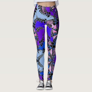 Leggings Bleu violet rose noir Feuilles Abstraits