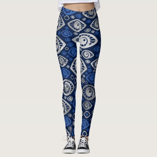 Leggings Bleus et argent grecs #1 de motif d'oeil mauvais (Devant)