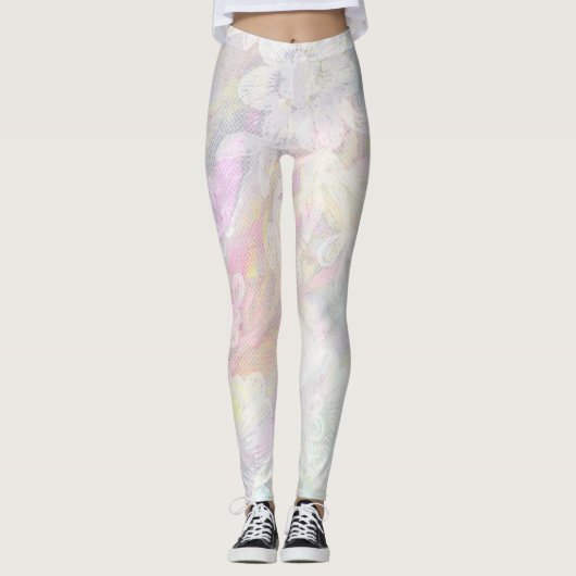 Leggings Bleus iridescents de roses en pastel de dentelle (Devant)