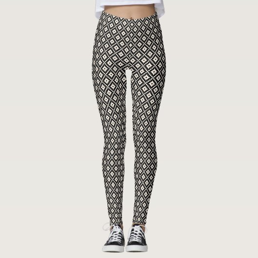 Leggings Bloc de style Aztec Imprimer noir+crème Motif Rpt (Devant)