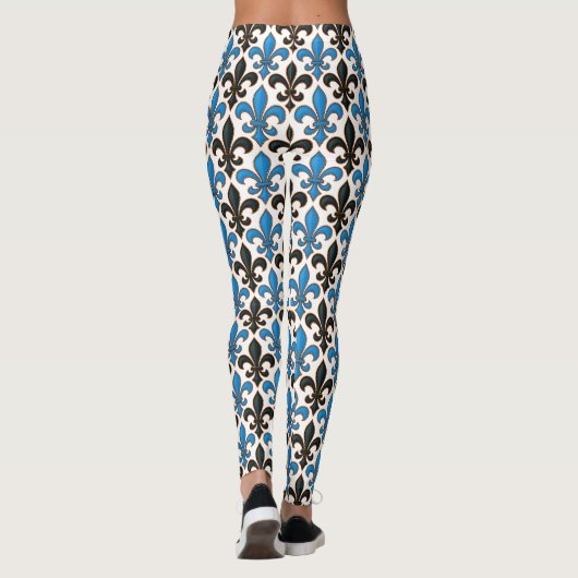 Leggings Blue Black Baroque Fleur-de-lis Pattern Design  (Dos)