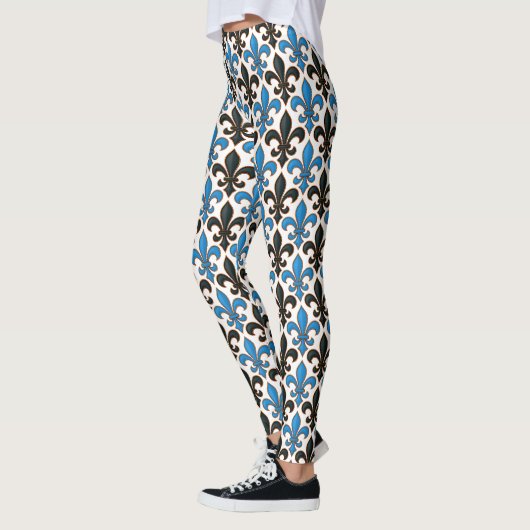 Leggings Blue Black Baroque Fleur-de-lis Pattern Design  (Gauche)