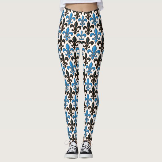 Leggings Blue Black Baroque Fleur-de-lis Pattern Design  (Devant)
