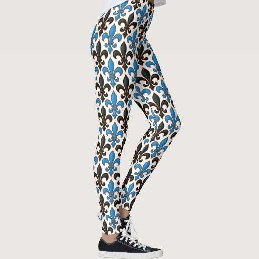 Leggings Blue Black Baroque Fleur-de-lis Pattern Design 