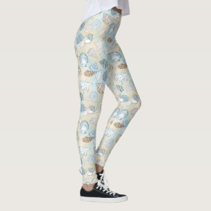 Leggings Blue Brown Seashells Motif Beach