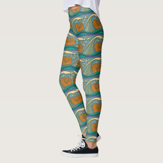 Leggings Blue Ocean Waves Nautilus Seashell Pattern Nouveau (Gauche)