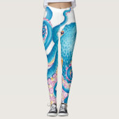 Leggings Blue Octopus Orange Pink Watercolor Art (Devant)