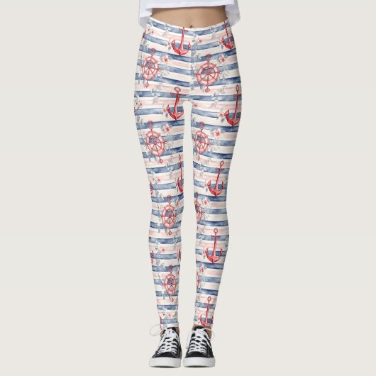Leggings Blue Red Anchors Floral Stripes Beach  (Devant)