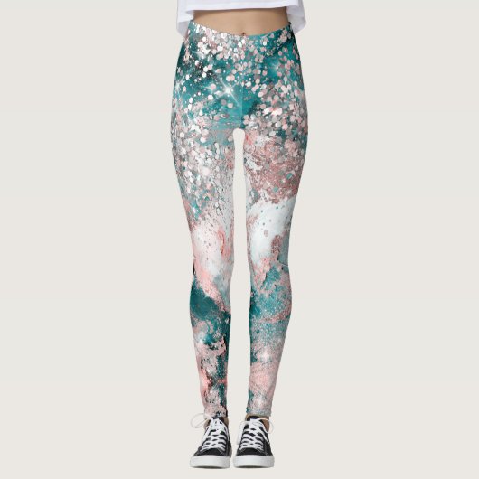 Leggings Blue Turquoise Galaxy Rose Parties scintillant Élé (Devant)