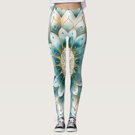 Leggings Blue Turquoise Gold Floral Mandala (Devant)