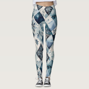 Leggings Blues Et Crèmes Dans Un Motif De Diamants Floraux