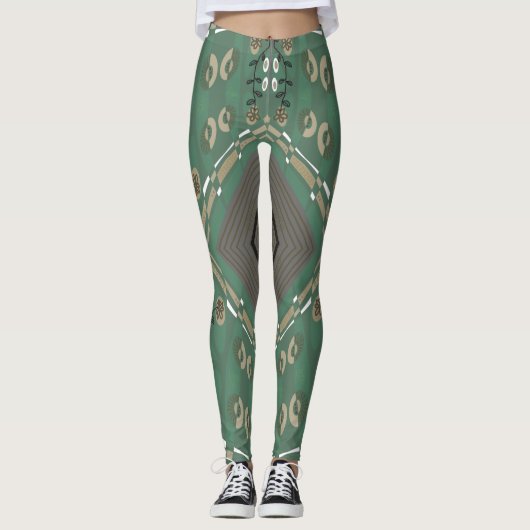 Leggings Bohème Chintz Illustration Vert Champignons Blanc (Devant)