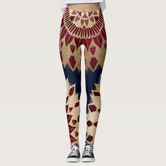 Leggings Bohême Gold Navy Bourgogne main tiré Mandala (Devant)