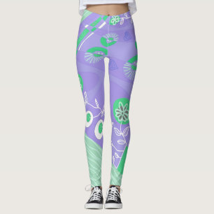 Leggings Bohemian Chintz Illustration Lavande Vert Blanc